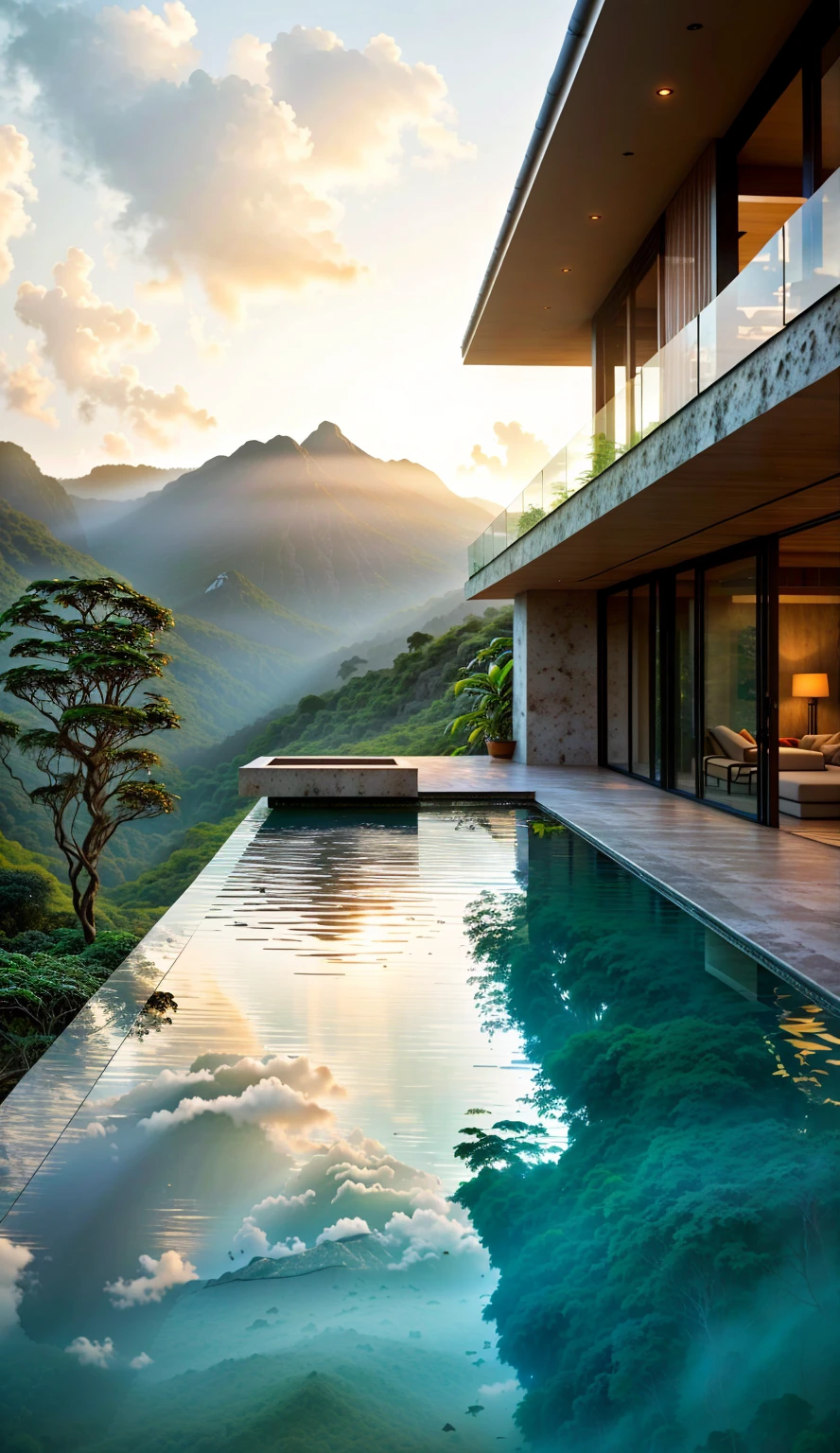 Living room with a view of a mountain and a forest, mountainous jungle setting, jungle setting, Like a scene from Blade Runner, magical ambiance, pintura escura ultrarrealista, in a jungle environment, pleasant environment, cloud forest, beautiful jungle, moody environment, lush jungle, Inside an alien jungle, plants and jungle, rainforest mountains, relaxing environment