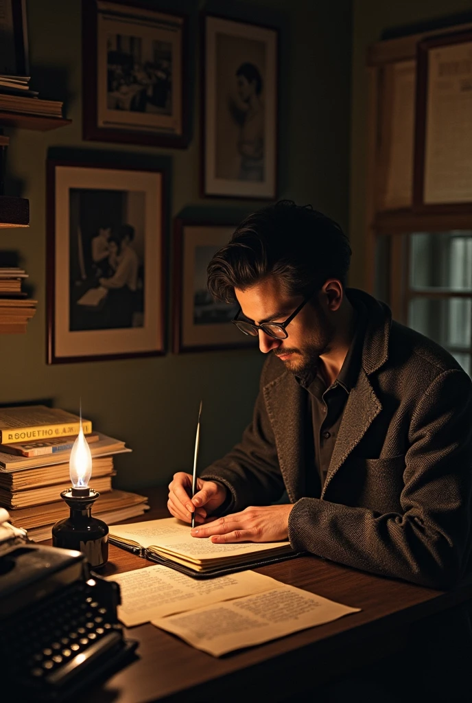 black-haired writer writing books in the 20th century with ink