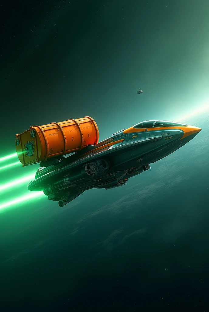 Imagine a cargo spaceship, that specializes in transporting loads of approximately 20 tons in outer space that is inspired by the HERO HUNK 150 motorcycle, This ship has an attachable orange container where it transports the merchandise., 
Imagine it with a green protective shield against meteorites
