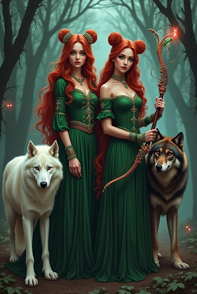 Fantasy book cover. Two witch sisters who are not twins, both redheads and green eyes; One of them carries a bow and arrow studded with rubies and her hair is completely loose.; the other carries a staff with an emerald on the tip and has her hair tied in two buns. Two Wolves, one with white fur and red eyes and another with brown fur and black eyes protect them from the group of vampires hiding behind the trees in the background of the image, so that only the red pairs of eyes are visible