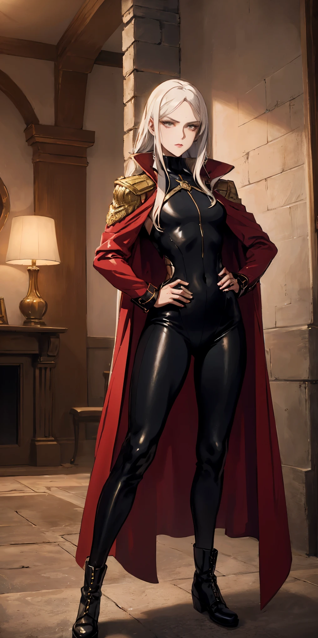 A woman with long platinum blonde hair, choppy bangs, arched crescent eyebrows, sharp and determined eyes, a delicate oval face, a serious expression, a fantasy-style dark green military coat, draped with a dark red cloak, military trousers, leather combat boots, silver greaves leggings, one hand on her hip, standing in a spacious training ground, this character embodies a finely crafted fantasy-style female military officer in anime style, exquisite and mature manga art style, pale skin, high definition, best quality, highres, ultra-detailed, ultra-fine painting, extremely delicate, professional, perfect body proportions, golden ratio, anatomically correct, symmetrical face, extremely detailed eyes and face, high quality eyes, creativity, RAW photo, UHD, 32k, Natural light, cinematic lighting, masterpiece-anatomy-perfect, masterpiece:1.5