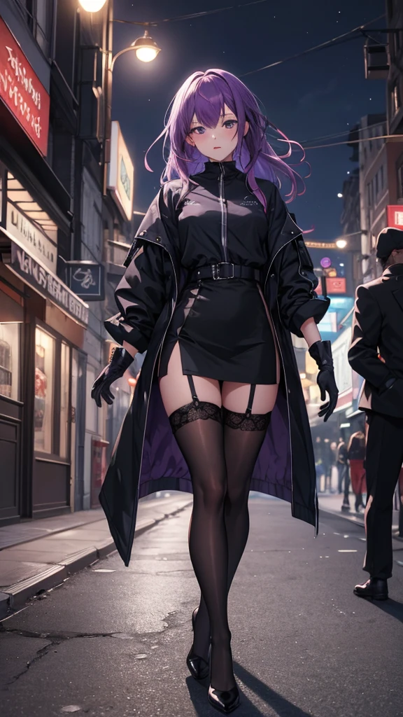 Sexy woman walking down the street at night,Kafka,Black Jacket,Purple gloves,
Large file size,Art Book,Medium chest,Cinematic_angle,Black Stockings,thin_Waist,, (masterpiece, High resolution, Highest quality:1.4, Breathtakingly beautiful, Super detailed)