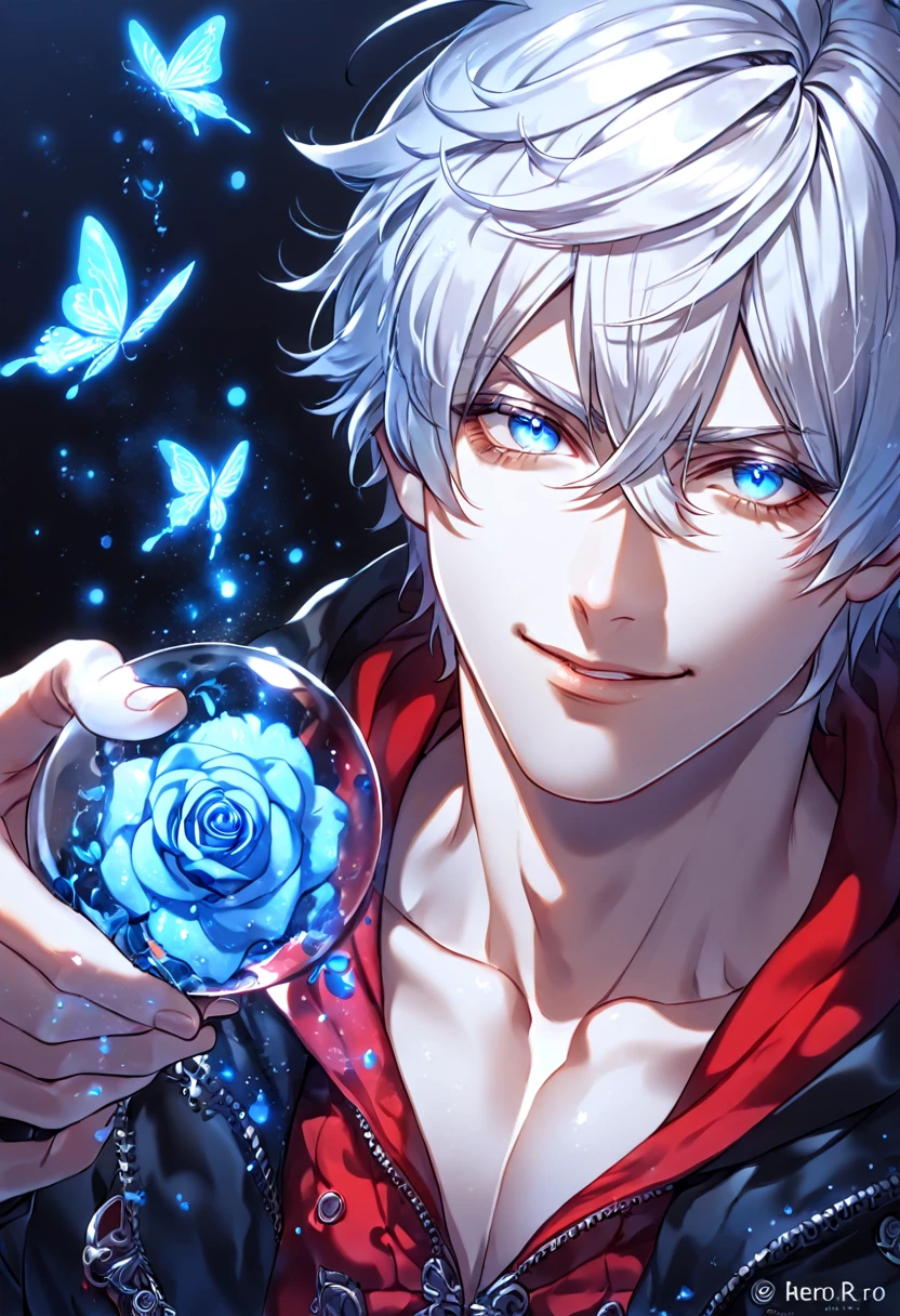 absurdres, highres, ultra detailed, HDR, master piece, best quality, extremely detailed, detailed face, Nero, medium length white hair, hair between the eyes, expressive blue eyes, Devil May Cry, solo, sexy man, handsome, smile, manly man, black coat, hooded red vest, magical, fantasy, under a blue tree, blue flames, blue moon, blue fireflies, blue roses, blue butterflies, glass magic