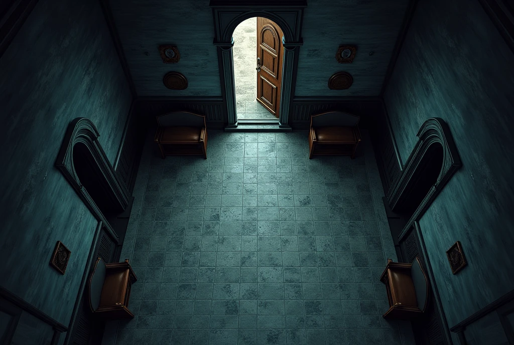 vampire the masquerade, map rpg, ((Map of the interior of a small church, with a southern entrance with a double door.
)), game art, birdseye straight top-down shot from a drone, battlemap, current modern theme, seen from above, role-playing game, empty location, nighttime environment, (with realistic proportions and textures, intricate details, handdrawn, vibrant, cinematic lighting, masterpiece, 8k:1.2)