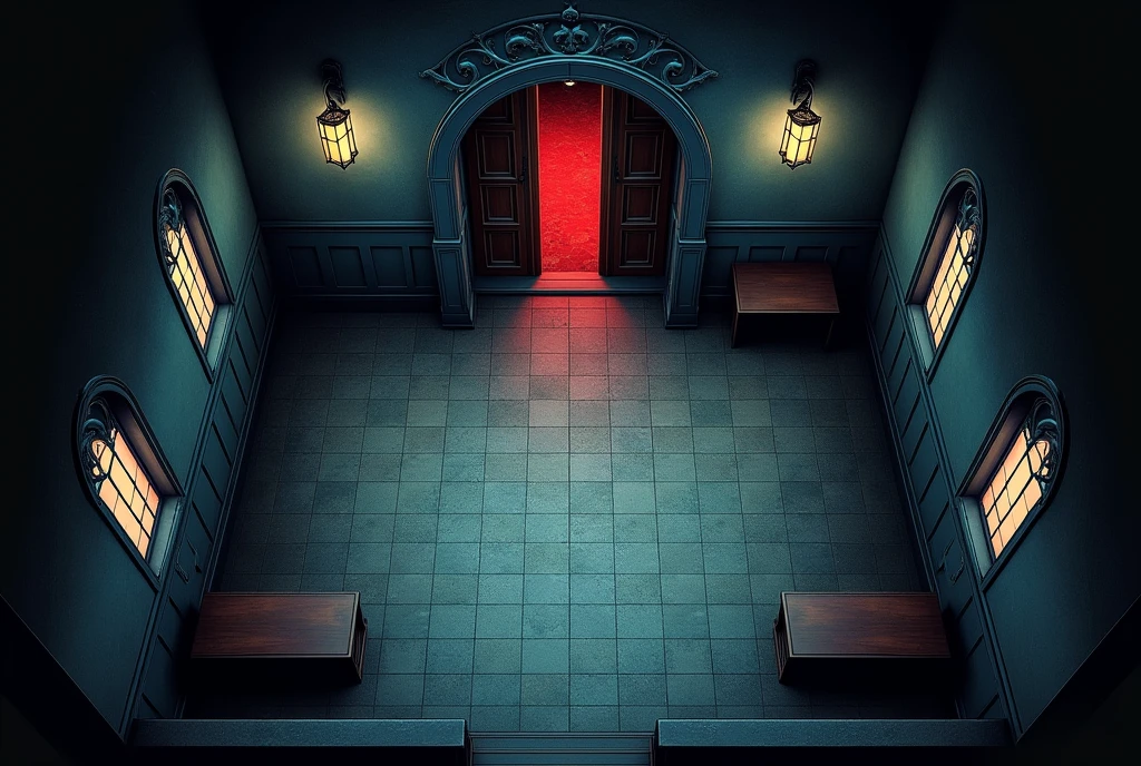 vampire the masquerade, map rpg, ((Map of the interior of a small church, with a southern entrance with a double door.
)), game art, birdseye straight top-down shot from a drone, battlemap, current modern theme, seen from above, role-playing game, empty location, nighttime environment, (with realistic proportions and textures, intricate details, handdrawn, vibrant, cinematic lighting, masterpiece, 8k:1.2)
