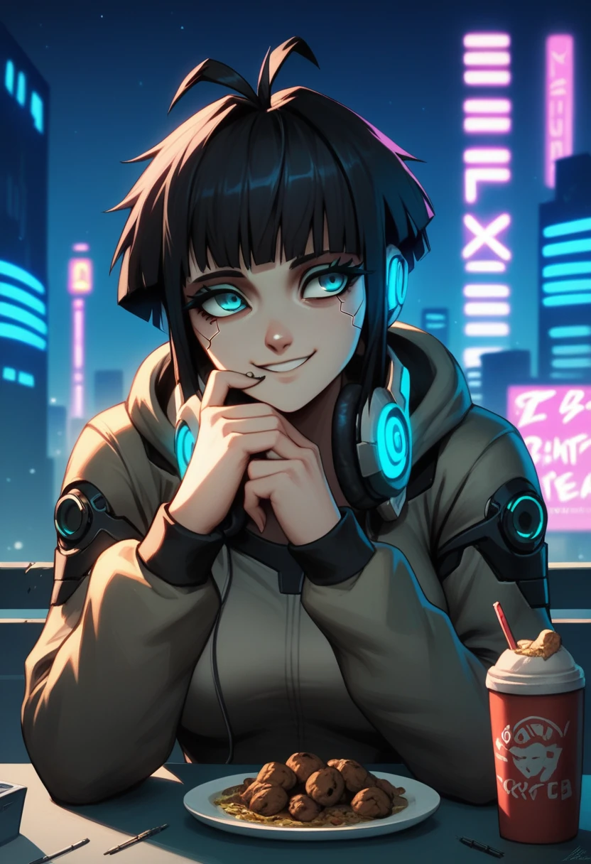masterpiece, (best quality:1.2), (sharp focus:1.2), 1 girl, solo focused, human face, long eyelashes, bangs, antenna hair, medium breasts, hoodie, headphones, cybernetics, cyber arms, exhausted, eye bags, neon lights, dark night, outdoors, skyscrapers, cyberpunk, futuristic, night city, messy black hair, dark blue eyes, lazy expression, leaning on the table, eating, noodle, half asleep, shut in, heavy dark eye bags, holding a smartphone, hand on chin, adult tall, women, nighttime, neon lights, city advertisements, mech, futuristic clothes, standing, looking away, night sky, flying shit, smiling