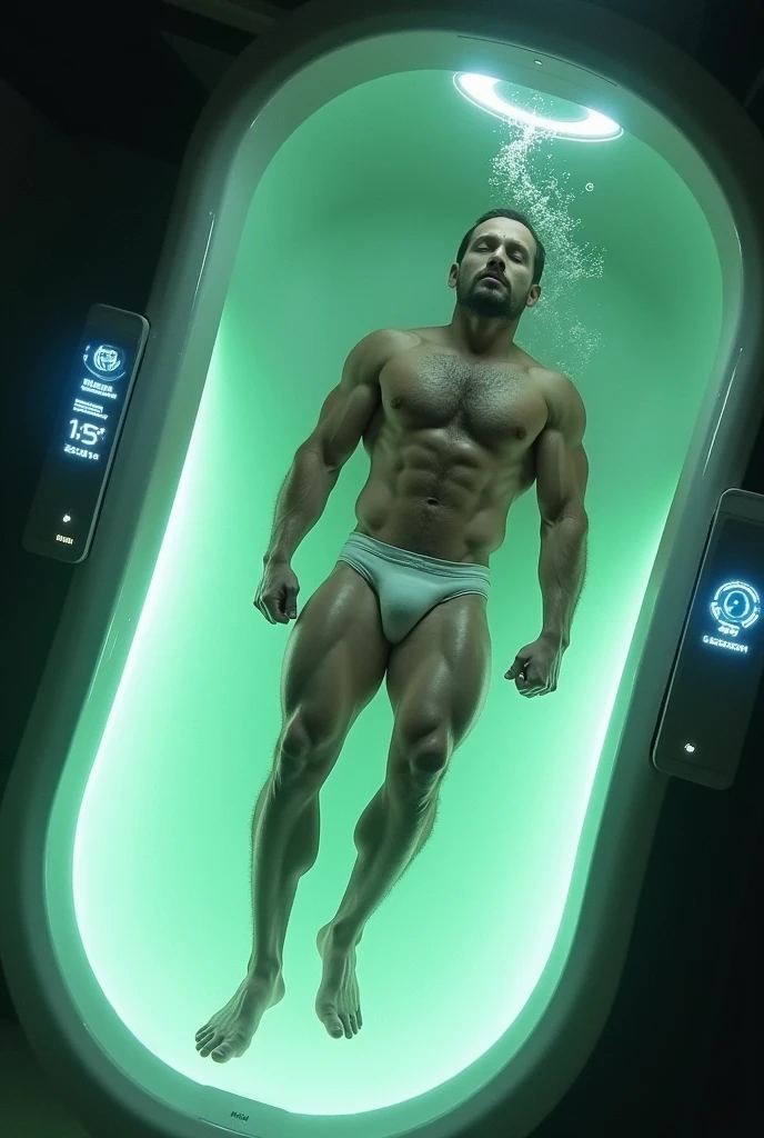 A muscular man encased in a cultivation pod filled with a pale green liquid.、Lost consciousness、Analysis、Display Panel、Bikini pants。