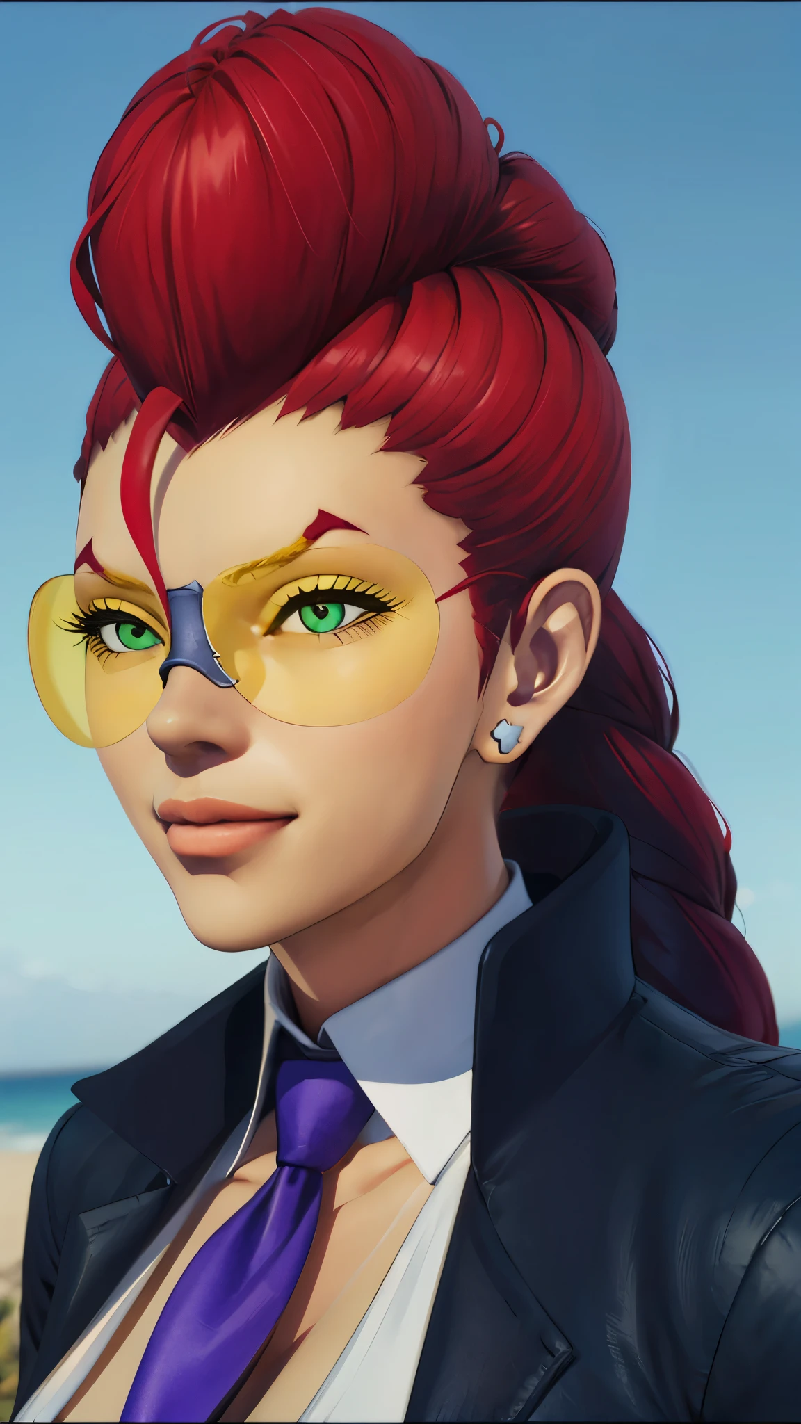 crimevip, Red hair,aretes, Pompadour, single braid, yellow glasses,neckleace, necktie between breasts, chemise, Black jacke, looking ahead at viewer, smiling, portraite,
out, blue sky, extreme detail, extreme detail, work of art,