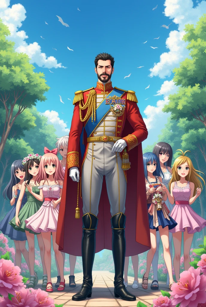 A photo with Dom Pedro II surrounded by cute anime girls