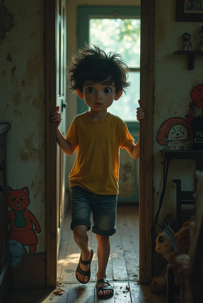 A MAN entering a house (anime theme with childish horror and flawed features, looking like it was a human who did it)