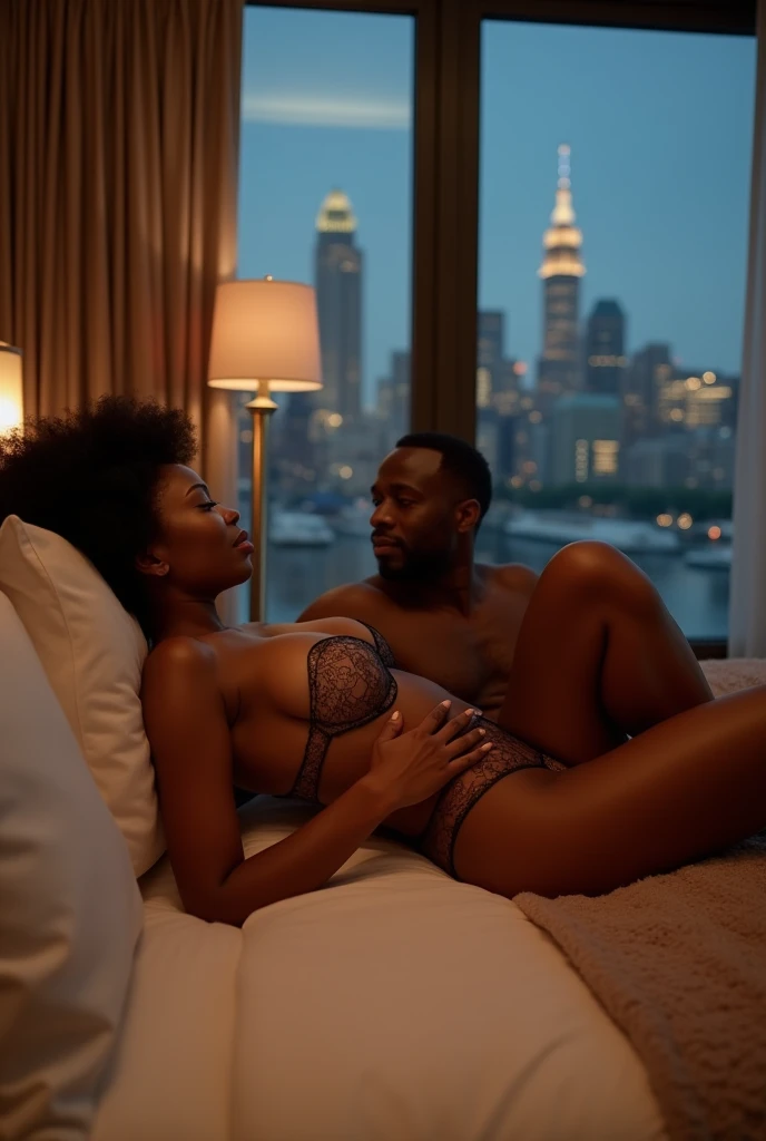 A light black girl with big breasts in a transparent bra and big butt on a hotel bed with a man touching her breasts 