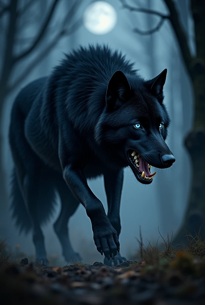 Sağ tarafından çekilmiş
,in black,A wolf with blue eyes and slightly narrowed eyes, growling with its teeth visible and in an attacking position.