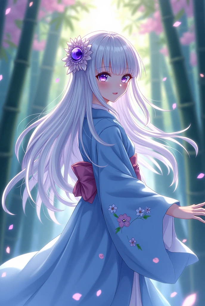 Kimetsu no yaiba A girl with long white hair and bangs, white eyelashes and purple eyes wearing a light blue kimono 