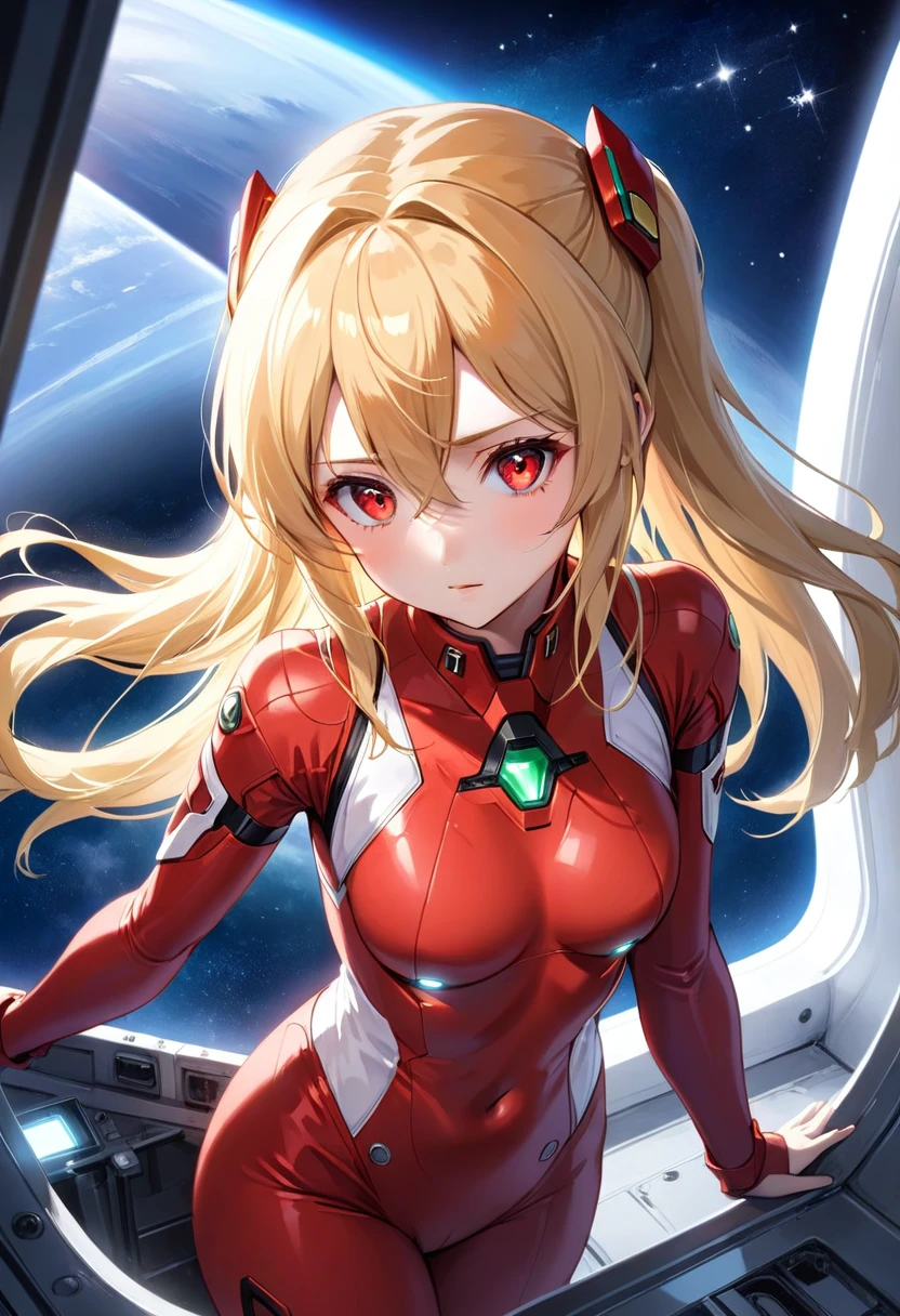 (shylily/(Twich/):1.5),(masterpiece:1.2),(best quality:1.2),, (1girl:1.3),(Overhead view),dynamic angle,ultra-detailed, illustration, close-up, straight on, 1girl, , souryuu asuka langley, interface headset, red bodysuit:1.4, blonde)),Her eyes shone like dreamy stars,(glowing eyes:1.233),(beautiful and detailed eyes:1.1),(expressionless,closed mouth),(standing), (mechanic room with toolsand spaceship windowin a white SPACESHIP),(night:1.2),dreamy, [[delicate fingers and hands:0.55]::0.85],(detail fingers),