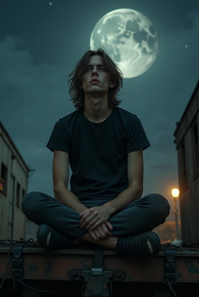 tall sad male teen with details tall hair long brown hair black shirt short sleeve ultra detailed sitting on top of an old train at night best quality