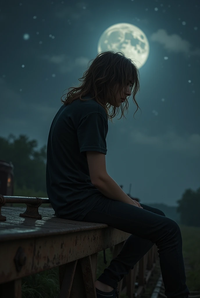 tall sad male teen with details tall hair long brown hair black shirt short sleeve ultra detailed sitting on top of an old train at night best quality