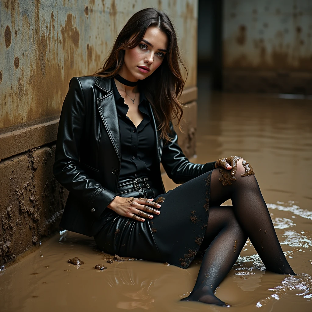 Please use only cotton classic business skirt and cotton business jacket for enhance the photo. She is dressed in black muddy business pencil skirt, black muddy business jacket. dirty shirt, torn stockings, black choker on the neck. She located in muddy and flooded building basement. Her all clothes, business pencil skirt and business jacket are covered in liquid mud and sperm. She look like have played in mud in a large swamp with brown liquid mud, their clothes covered with liquid mud from head to toe. Her clothes is completely stained with liquid mud and streaks from it, which has flows down from their jacket, shirt to their skirt, creating a messy and sloppy appearance. She is sitting on the mud in flirtatious, provocative and sexy pose, but fully clothed in business skirt suit and smear a lot of mud on own clothes.