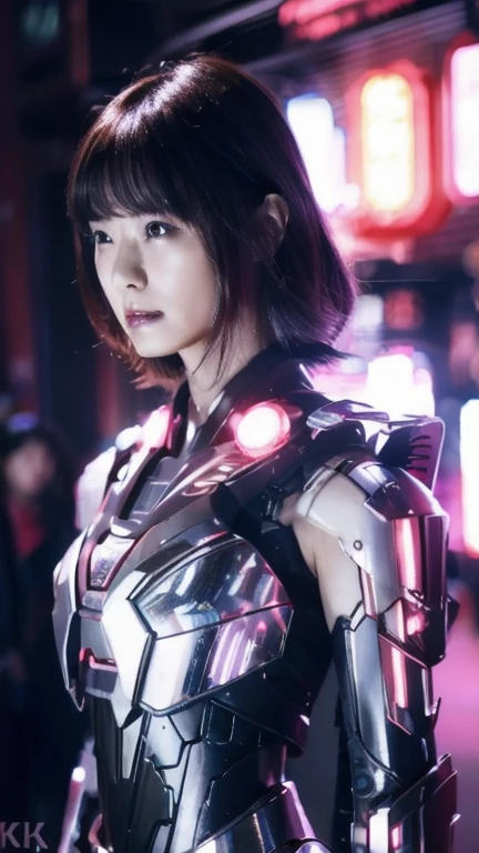 Highest quality, masterpiece, shape, (Realistic, photo-Realistic:1.37), wonderful, In detail, Unbelievably absurd, Very detailed, High resolution, Very detailed CG Unity 8k , Very detailed目と顔, Ray Tracing, The cyborg girl is pure.,She is wearing a mecha armor jacket.。..。.., Exposing most of her flawless skin. Added armor details to shoulders and head.、wonderfulハイライトがいくつかあります, Tech Panels and Mechanisms. She stands against a futuristic cityscape lit up with vibrant neon lights.......、Standing full of energy。.