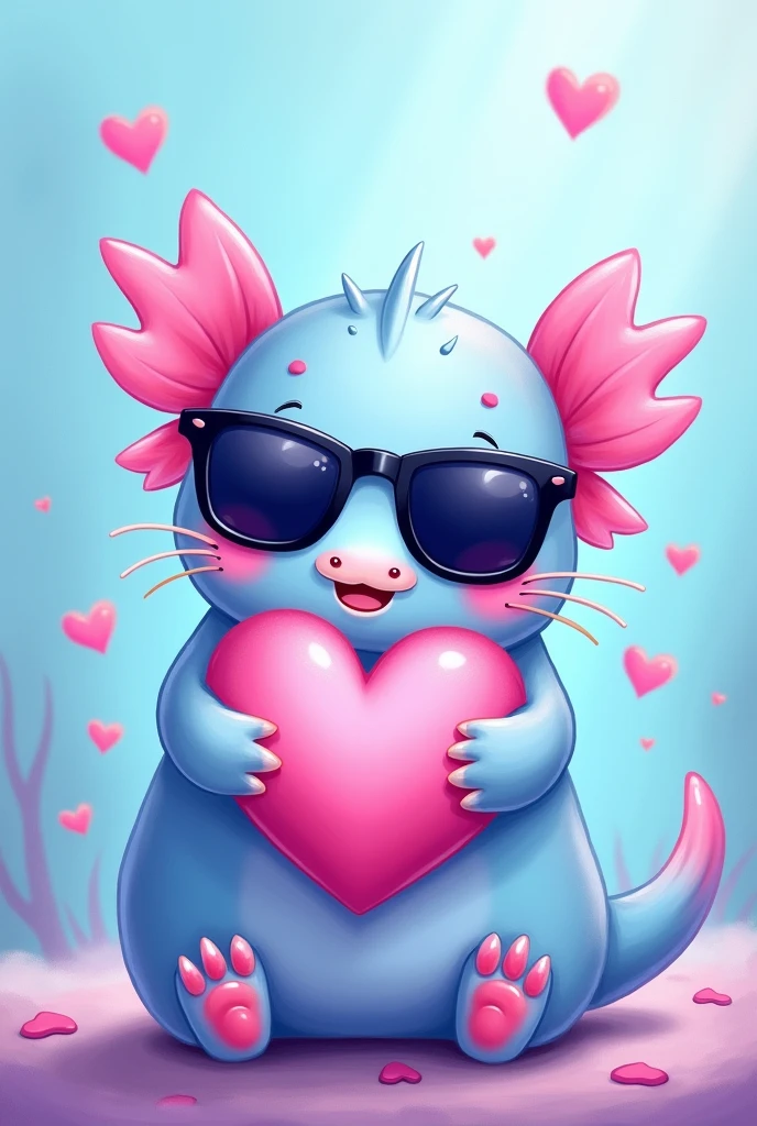Light blue axolotl with dark glasses holding a heart, with blue background and hearts in the background, all in the range of blues, pink and purple in drawing style

