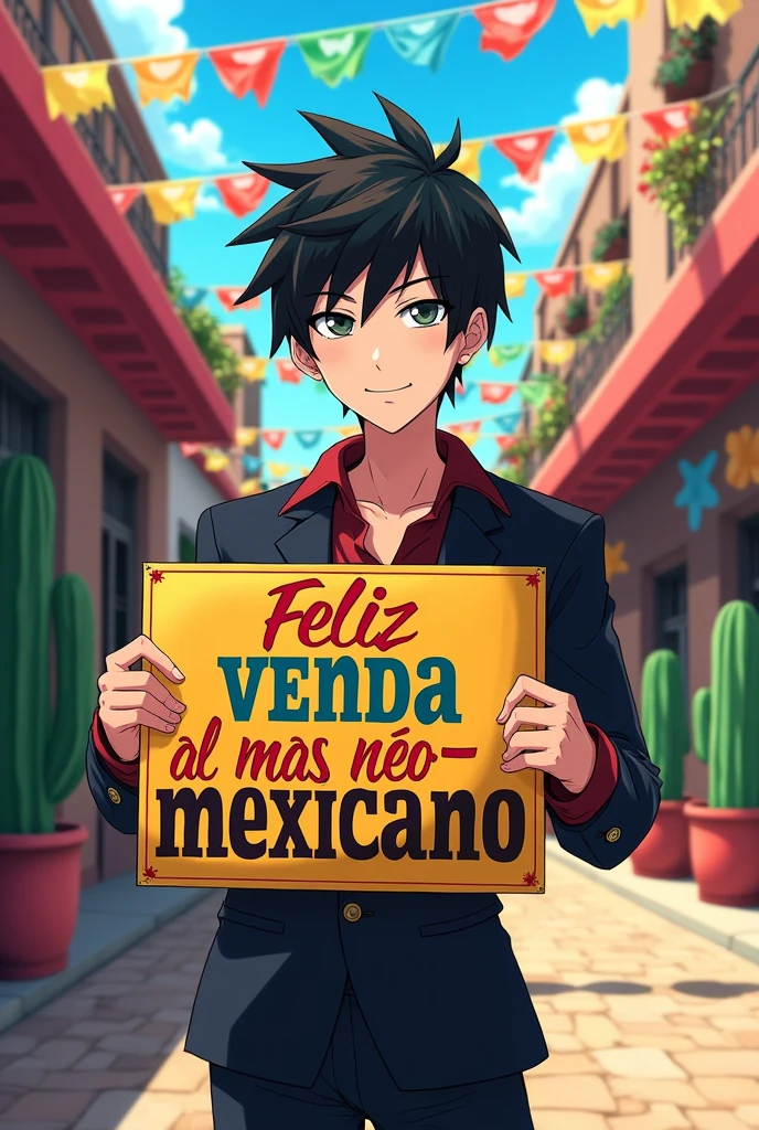 Make a picture of Suguru Geto from Jujutsu Kaisen where he is holding a sign that says "Happy cum to the most neo-Mexican" In Spanish, not in English 