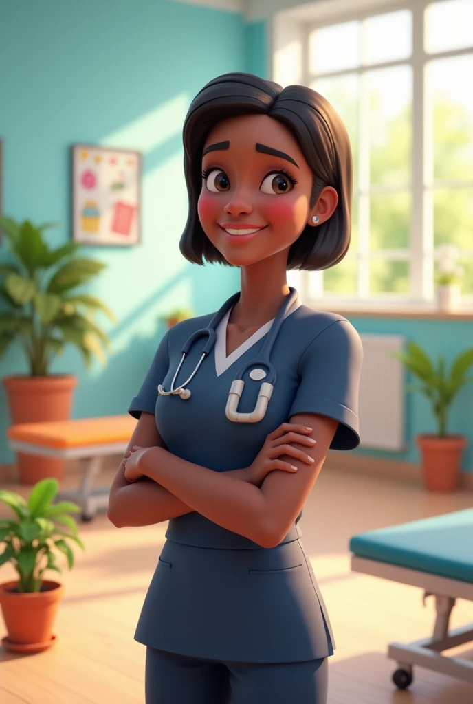 pixar 3d image of a beautiful young adult with brown skin color with short an straight hair, dressed as a physiotherapist