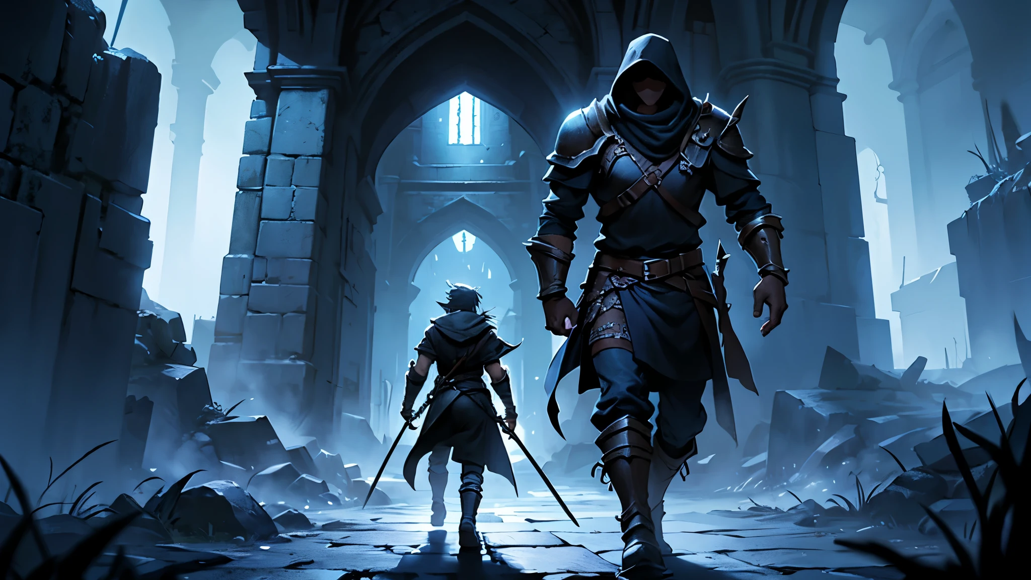 Solo warrior walking through a dark dungeon. Epic Quality. Hi-rez image.