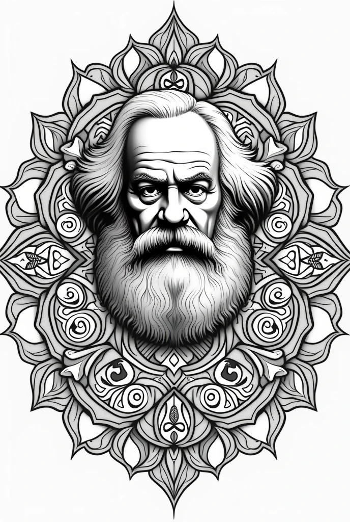 Karl Marx mandala image to color in black and white with thin lines