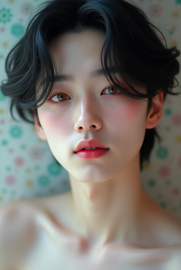 Create a drawing of a Korean man with eyes as clear as honey, white as if albino black hair, One cheek and
Rosy , and red lips with beautiful delicate fangs 