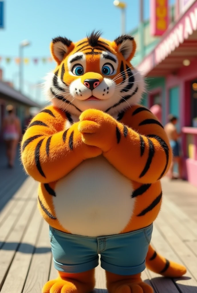 New Jersey 5 Hairy,tigre,Lonely,plumpness,fatter,thick arms,stout muscles,stick samples, Orange Plush Skin,plumpness Face,black eyebrows,sky blue eyes,barba,(topless,Shorts),(Fold both hands),(blush),(perspiring)