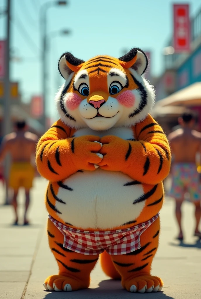 New Jersey 5 Hairy,tigre,Lonely,plumpness,fatter,thick arms,stout muscles,stick samples, Orange Plush Skin,plumpness Face,black eyebrows,sky blue eyes,barba,(topless,Shorts),(Fold both hands),(blush),(perspiring)