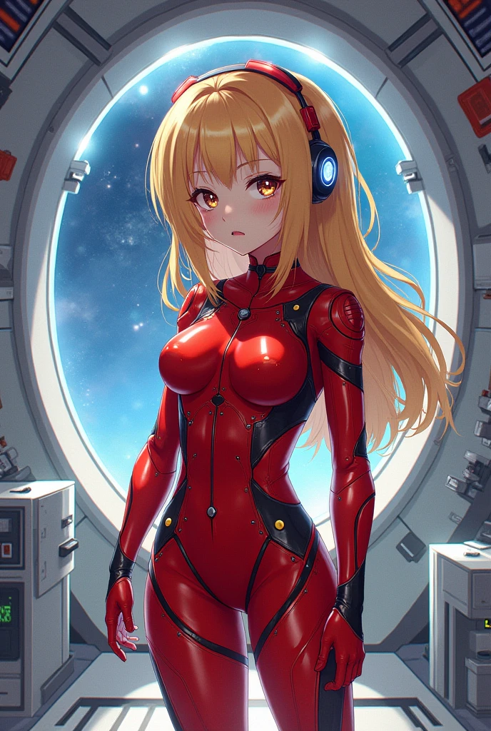 (aerial view),dynamic angle,ultra detali, illustration, close up, ever forward, 1 girl, 
 ((Souryu Asuka Langley, Interface Headset, red bodysuit:1.4, blond)),Her eyes shone like dreamers stars,(glare eyes:1.233),(beautiful and detailed eyes:1.1),(unexpressive,cloused mouth),(standing), 
(mechanical room with tools and spaceship window in a white SPACESHIP),
(natta:1.2),dreamers, [[delicate fingers and hands:0.55]::0.85],(detail fingers),