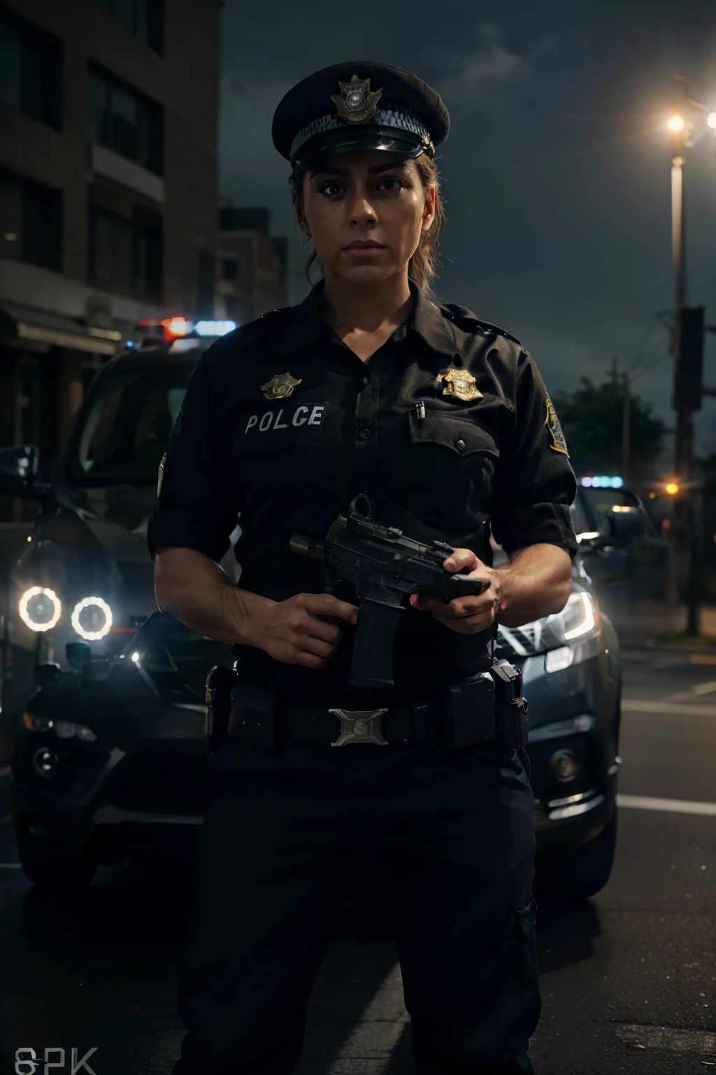 one police officer with gun in front of the camera, full body shot, realistic, hyper detailed, cinematic lighting, dramatic pose, intense expression, 8k, photorealistic, masterpiece, cinematic, intricate details, sharp focus