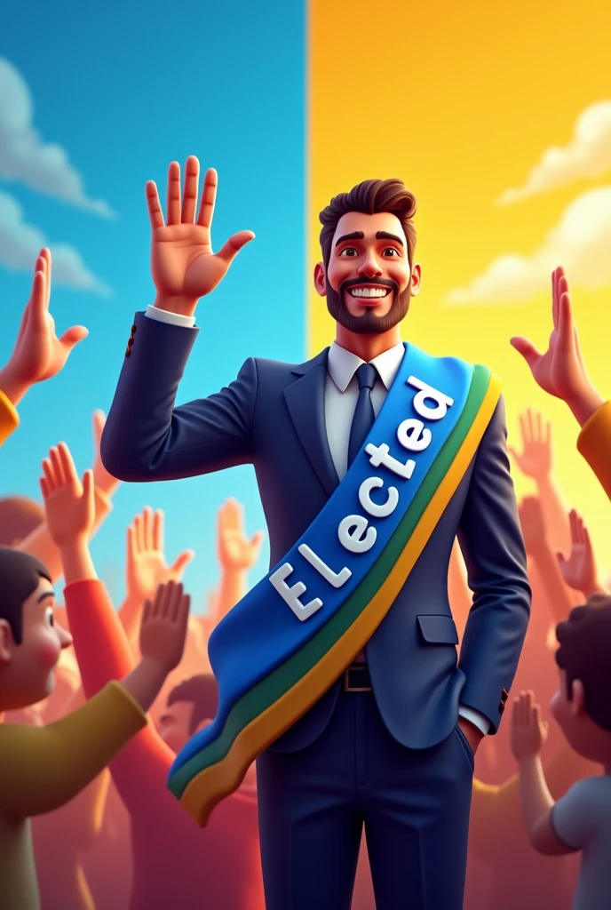 Create a single image featuring four distinct 3D-style election flyers ("santinhos"), each with its own character. The image should be divided into four equal sections, each representing a different character. The overall design should be modern, colorful, and have a lighthearted, almost playful tone, despite the serious themes each character represents. The characters should be stylized but realistic, with expressive faces that convey their roles.

Santinho 1: Elected Politician

Character: A confident, successful politician.
Appearance: Dressed in a sharp suit with a blue sash across the chest that says "Elected." The character has a confident smile, a raised hand as if acknowledging applause, and a medal pinned on the suit jacket.
Background: A vibrant backdrop with campaign colors, perhaps with faint images of supporters cheering.
