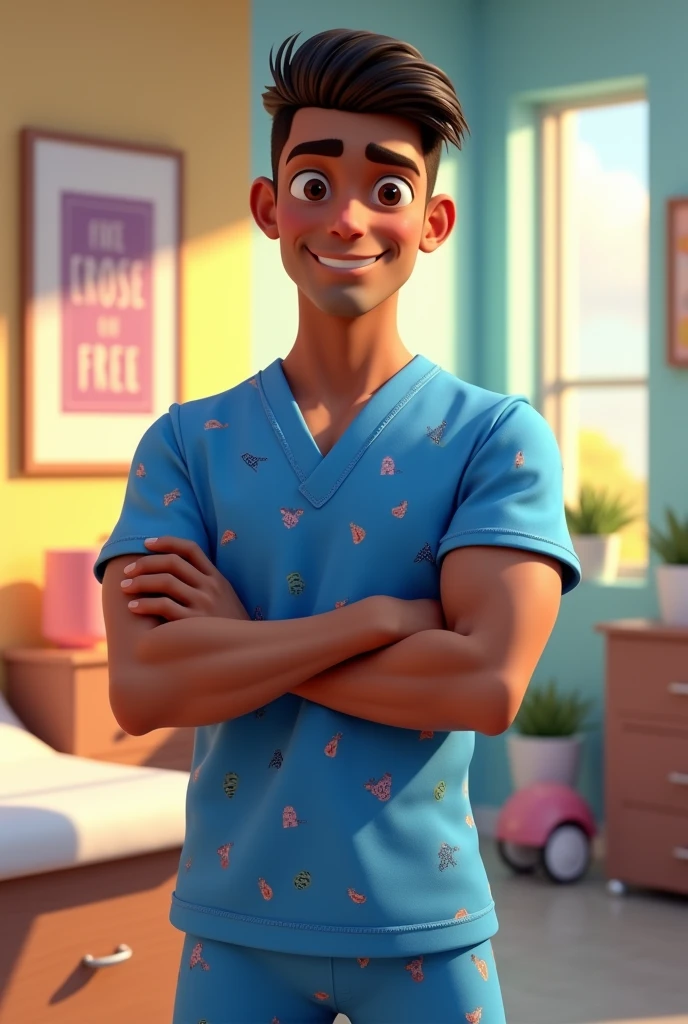 pixar 3d image of a beautiful young adult men with brown skin color with short an straight hair, dressed as a physiotherapist