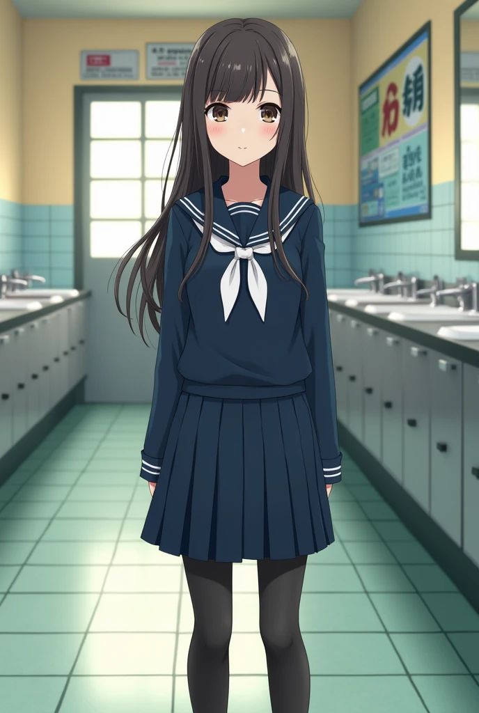 A middle school second year student wearing a navy blue sailor uniform, with a baby face and a neat and tidy skirt that barely reaches the knees, long hair with no set, a white ribbon, black tights, and a location in the girls' restroom.
