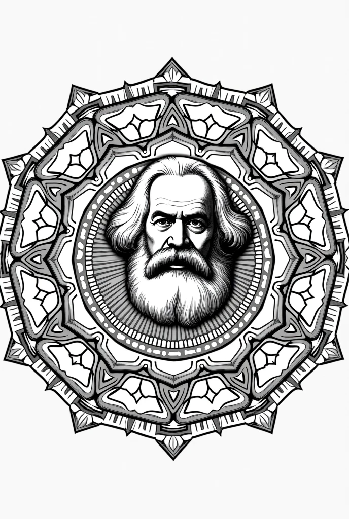 Karl Marx mandala image to color in black and white with thin lines