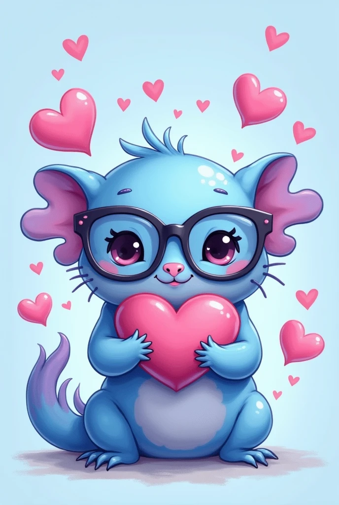 Light blue axolotl with dark glasses holding a heart, with blue background and hearts in the background, all in the range of blues, pink and purple in drawing style