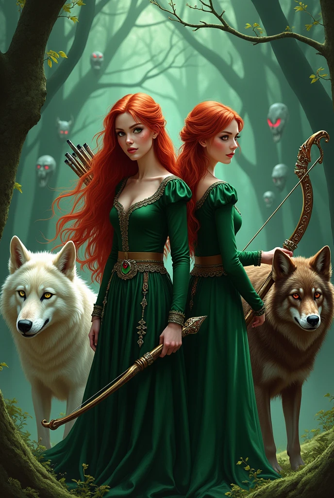Fantasy book cover. Two witch sisters who are not twins, both redheads and green eyes; One of them carries a bow and arrow studded with rubies and her hair is completely loose.; the other carries a staff with an emerald on the tip and has her hair . Two Wolves, one with white fur and red eyes and anotherth brown fur and black eyes protect them from the group of vampires hiding behind the trees in the background of the image, so that only the red pairs of eyes are visible