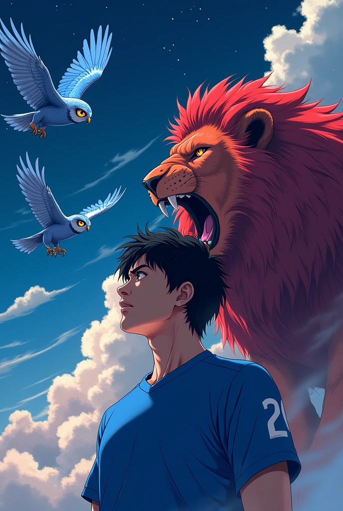 Create a 20 year old man head looking down, with a full blue football shirt. Accompanied by an angry blue owl flying and a red lion roaring. The man who is in the center. All in anime format