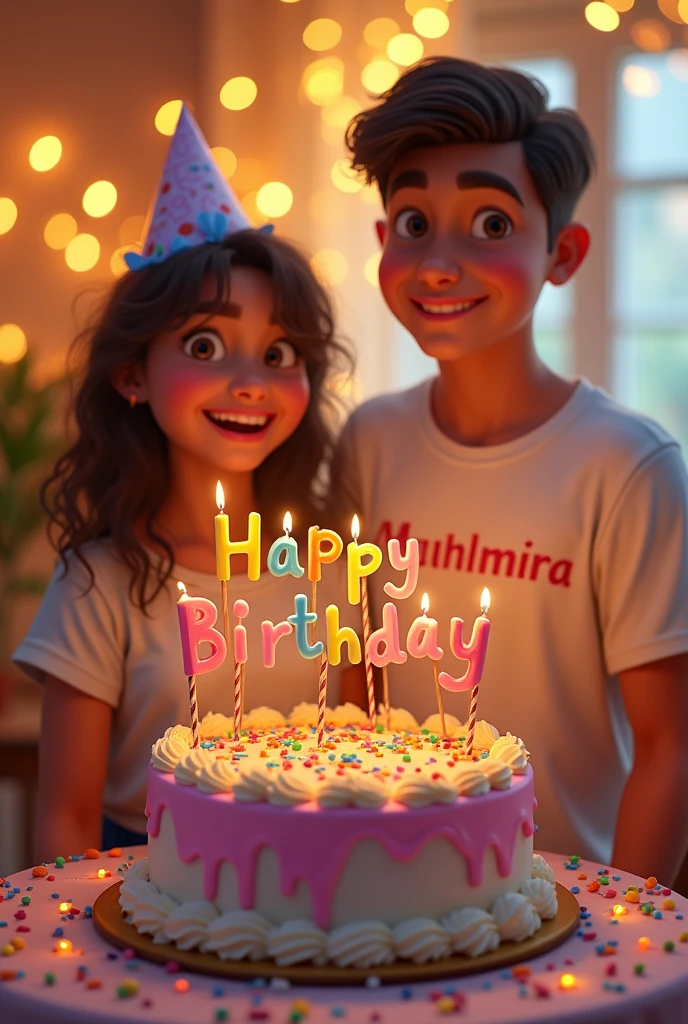 An abstract animation with a birthday cake , On top of the cake in different letters " Happy birthday Marcia Monteiro" Following the date 30\08. The cake is in a lit room. With a birthday girl with the name Márcia written on her blouse, and her boyfriend next to her with the name Pedro on the t-shirt around the cake A boy