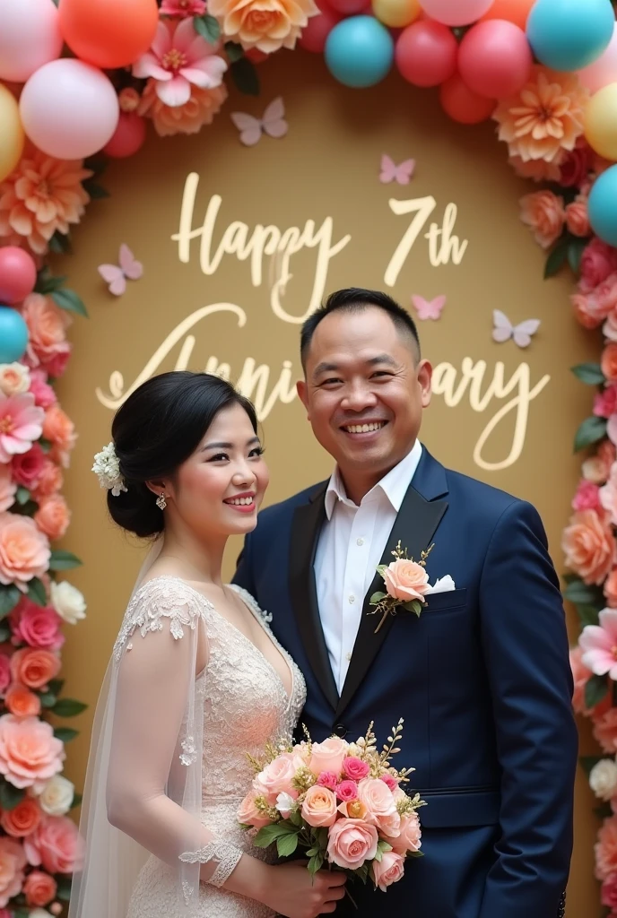 Real Pinay Pinoy wedding women beautiful short hair and man handsome with semi Bald with name wall background "Happy 7th Anniversary"with flowers baloons butterflies