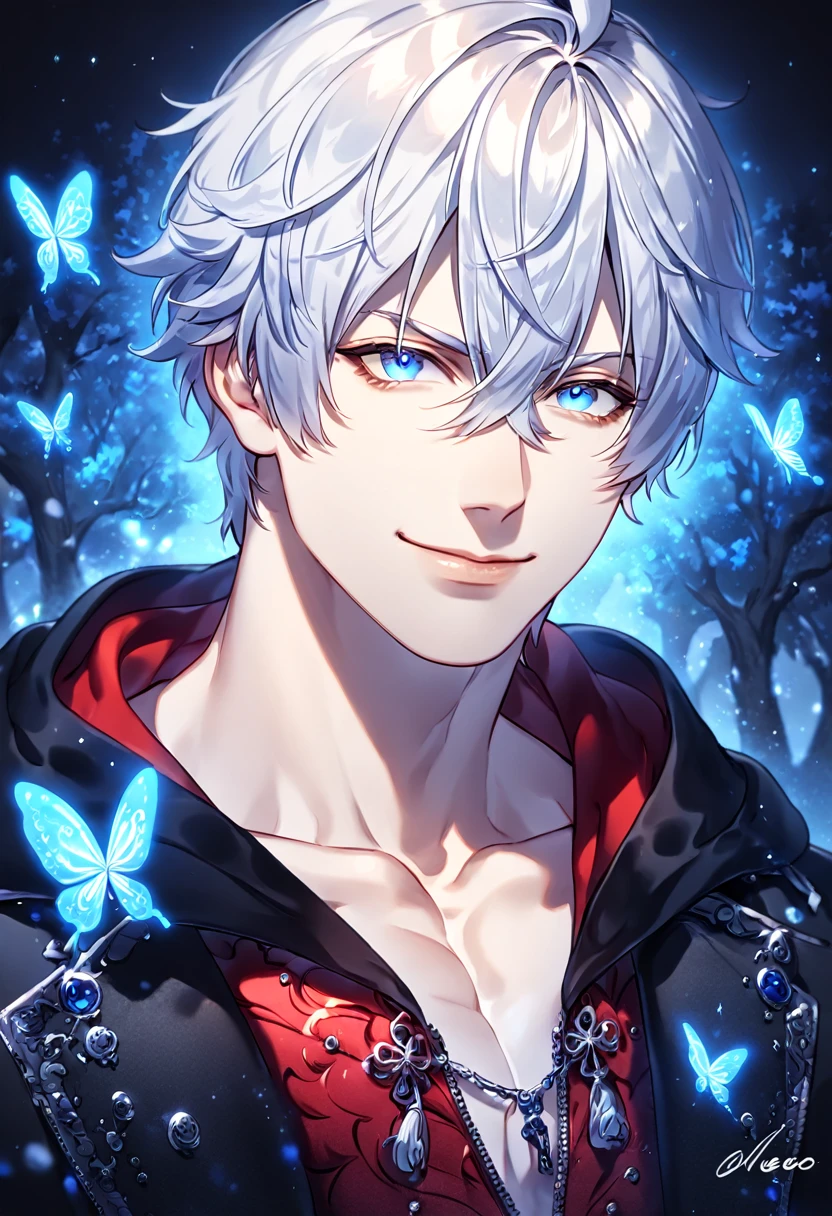 absurdres, highres, ultra detailed, HDR, master piece, best quality, extremely detailed, detailed face, Nero, medium length white hair, hair between the eyes, expressive blue eyes, Devil May Cry, solo, sexy man, handsome, smile, manly man, black coat, hooded red vest, magical, fantasy, under a blue tree, blue flames, blue moon, blue fireflies, blue roses, blue butterflies, glass magic