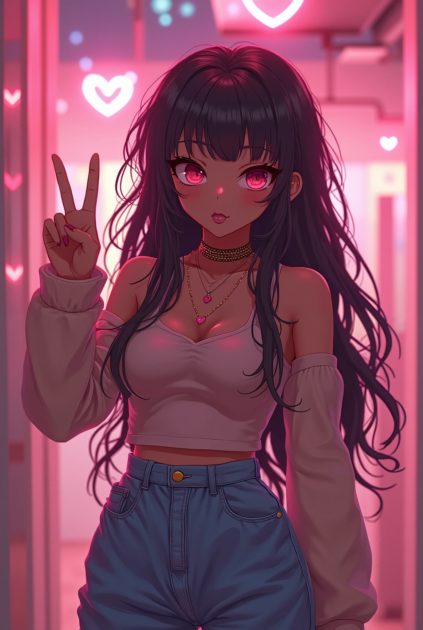 cute anime character girl, hot sister, sticking tongue out, showing peace sign, messy wavy long hair, brown skin, heart-shaped pupils, choker with heart pendant, high heels, wearing loose baggy hip-hop fashion, attractive and seductive face, make-up, superlative body proportion, indoors, heart effects, 2.5D, delicate and dynamic, graphic CG digital art