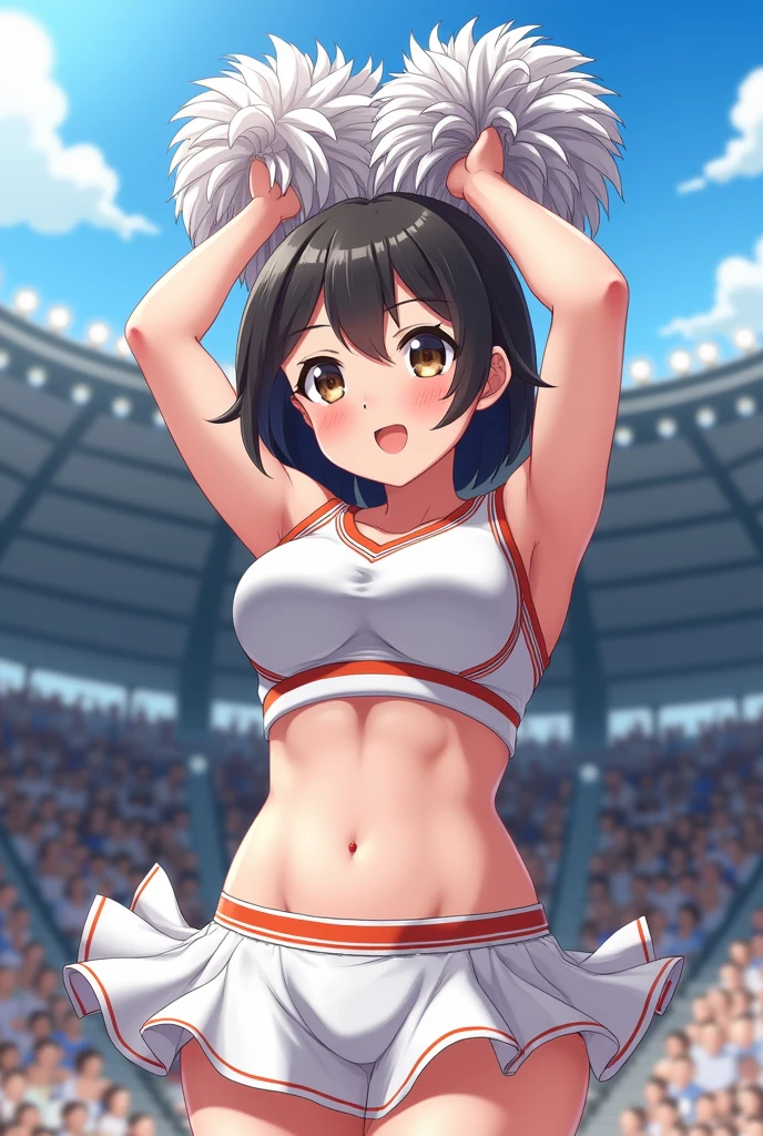 Anime Style。Cheerleading with pom-poms in a stadium full of spectators。
While jumping, her skirt flipped up, revealing her white underwear.。
Sweating under my arms、Steamy。
Big breasts and visible belly。
It's easy to tell that you're sweating