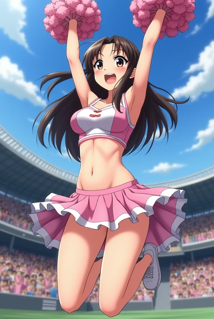 Anime Style。Cheerleading with pom-poms in a stadium full of spectators。
While jumping, her skirt flipped up, revealing her white underwear.。
Sweating under my arms、Steamy。
Big breasts and visible belly。
It's easy to tell that you're sweating
