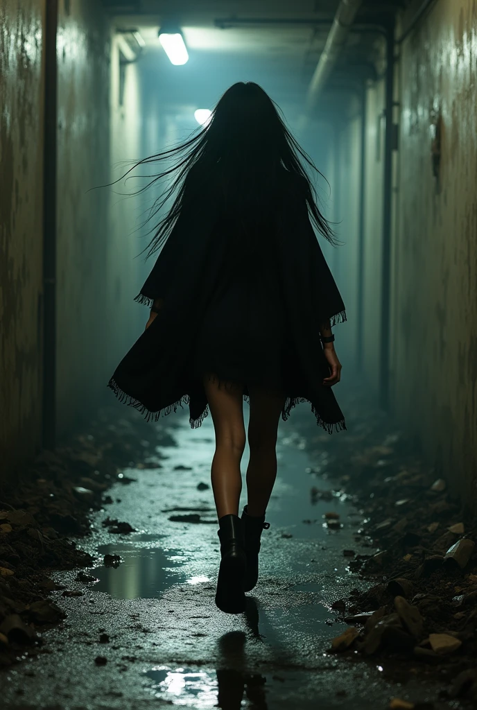 A beautiful girl, long black hair, dressed in a black poncho on a naked body, in black boots, bare legs, bare shoulders, runs away through a tunnel, they are chasing her, against the background of a dirty dark sewer tunnel, a post-apocalyptic plot