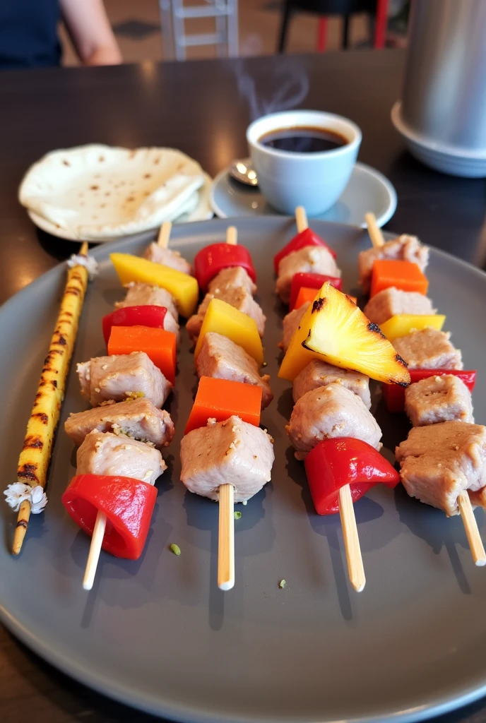 A cup of black coffee with a well-cooked skewer with 4 pieces of pork and between each piece of meat there must be a carrot, sweet chili and onion , with a small 10-centimeter tortilla and a small 5-centimeter triangle of grilled pineapple
