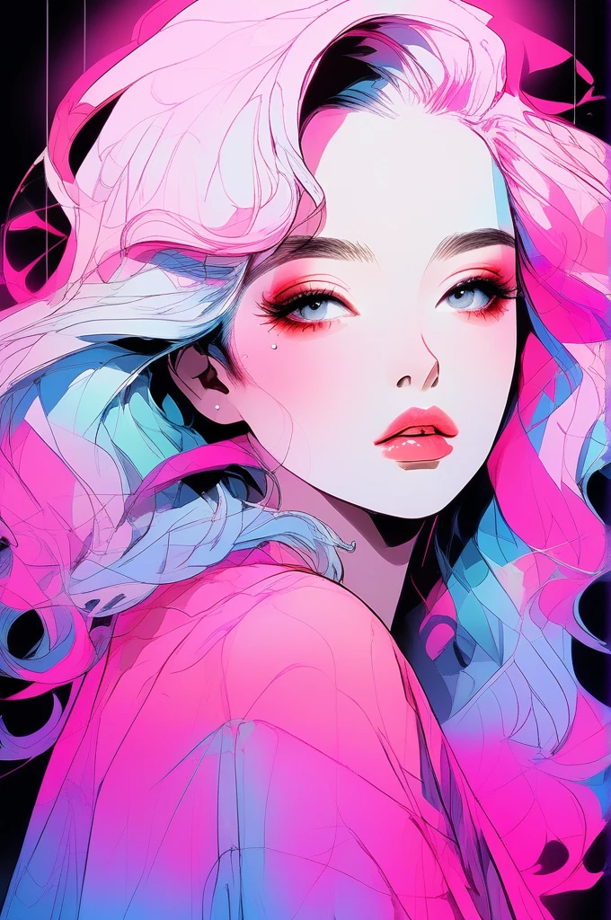 (Highest quality, sketch:1.2),Realistic,Illustrator,anime,1 person, Detailed lips,custom, Neon Gradient, Dark Background,Neon Hair,Texture Cropping, masterpiece, Style: Retro Classic, Black Style , Japanese style, ((Monochrome))