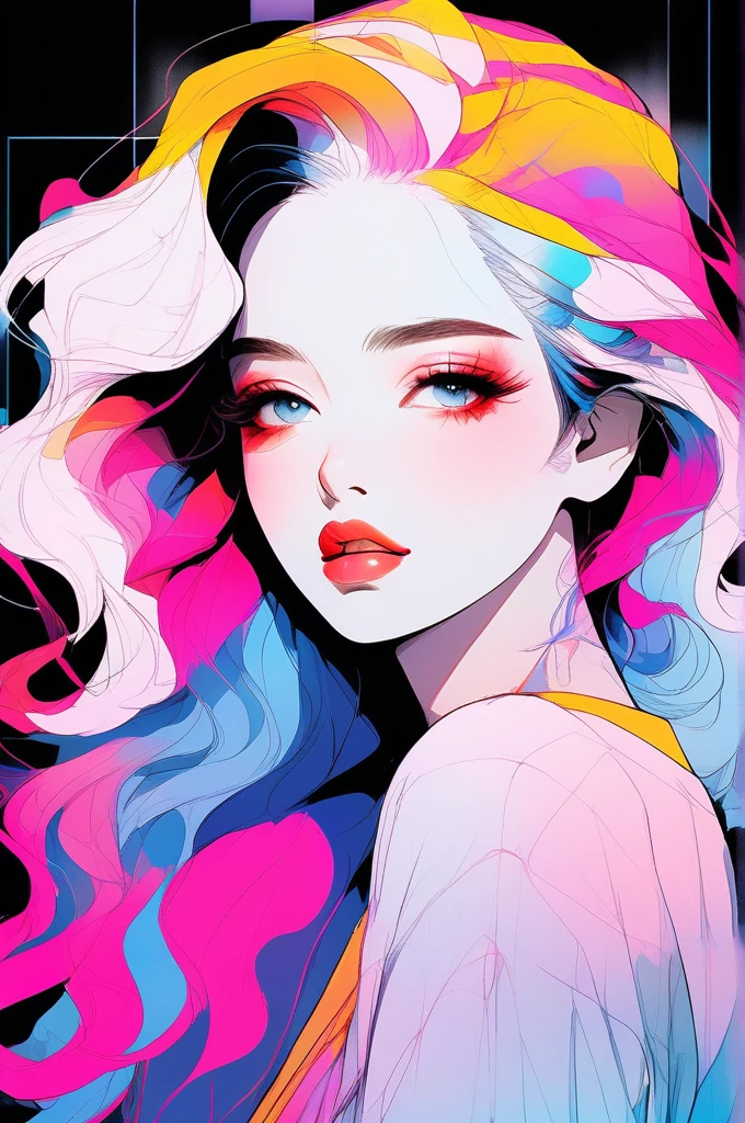 (Highest quality, sketch:1.2),Realistic,Illustrator,anime,1 person, Detailed lips,custom, Neon Gradient, Dark Background,Neon Hair,Texture Cropping, masterpiece, Style: Retro Classic, Black Style , Japanese style, ((Monochrome))
