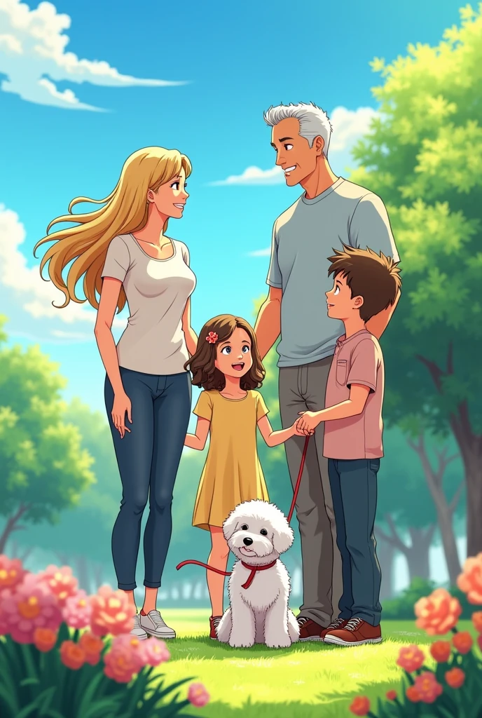 A family of 5 in anime style, a 40 year old mother, blonde, a 50 year old dad, a 15-year-old daughter with wavy brown hair and a 17-year-old son with wavy brown hair with a white Bichon Maltese dog